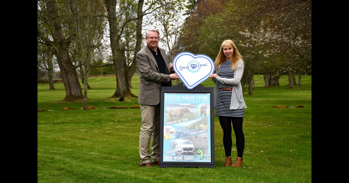 Visit Loch Ness - Loch Ness Hub (3) Russell Fraser of Loch Ness Hub and Emma Harrison of Visit Inverness Loch Ness. Visit Inverness Loch Ness supports Scotland Loves Local. Summer 2023. Picture Scotland's Towns Partnership